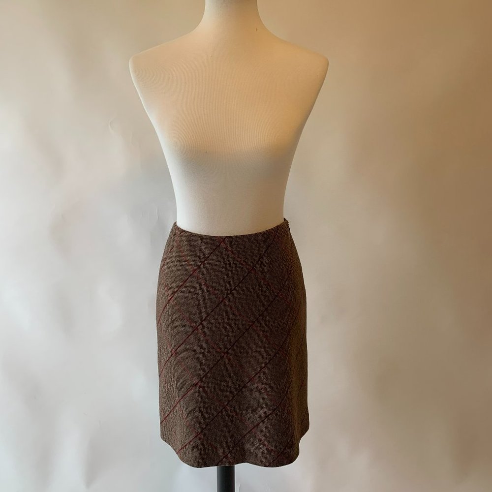 LOFT tan & crimson wool skirt